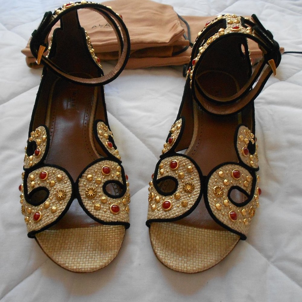 Alaia Raffia-Leather Ankle Strap Sandals